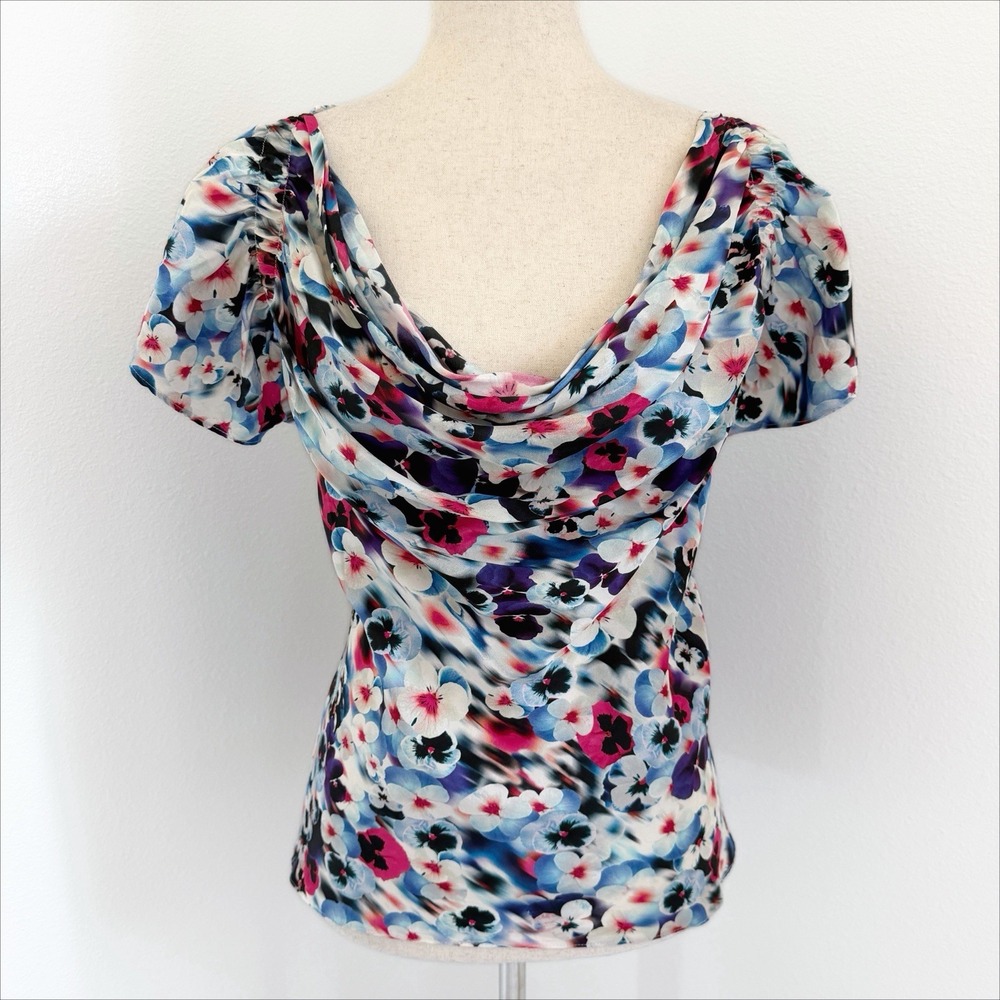 Cynthia Steffe 100% Silk Floral Top Size 8 Blue Pink Fairy Whimsical Boho Cowl